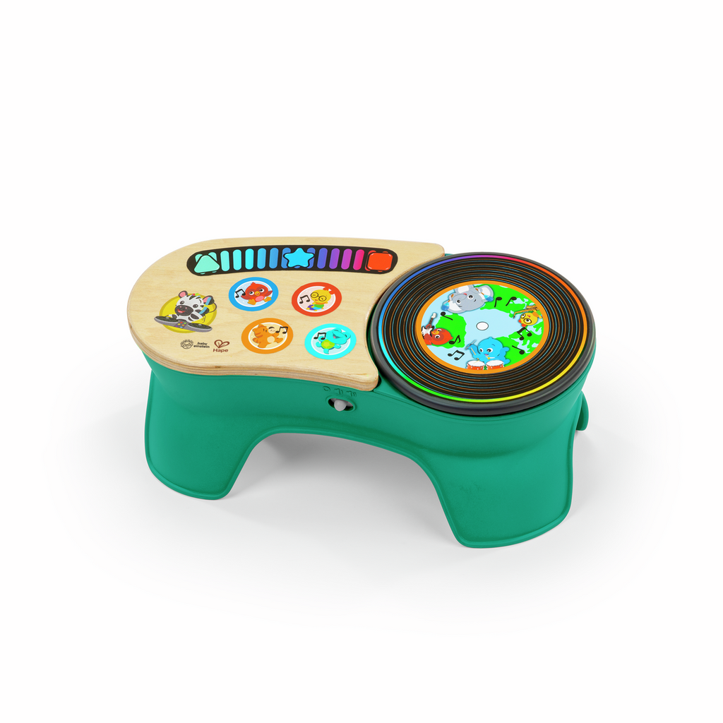 Mesa de DJ infantil Hape Baby Einstein com superfície de madeira colorida.