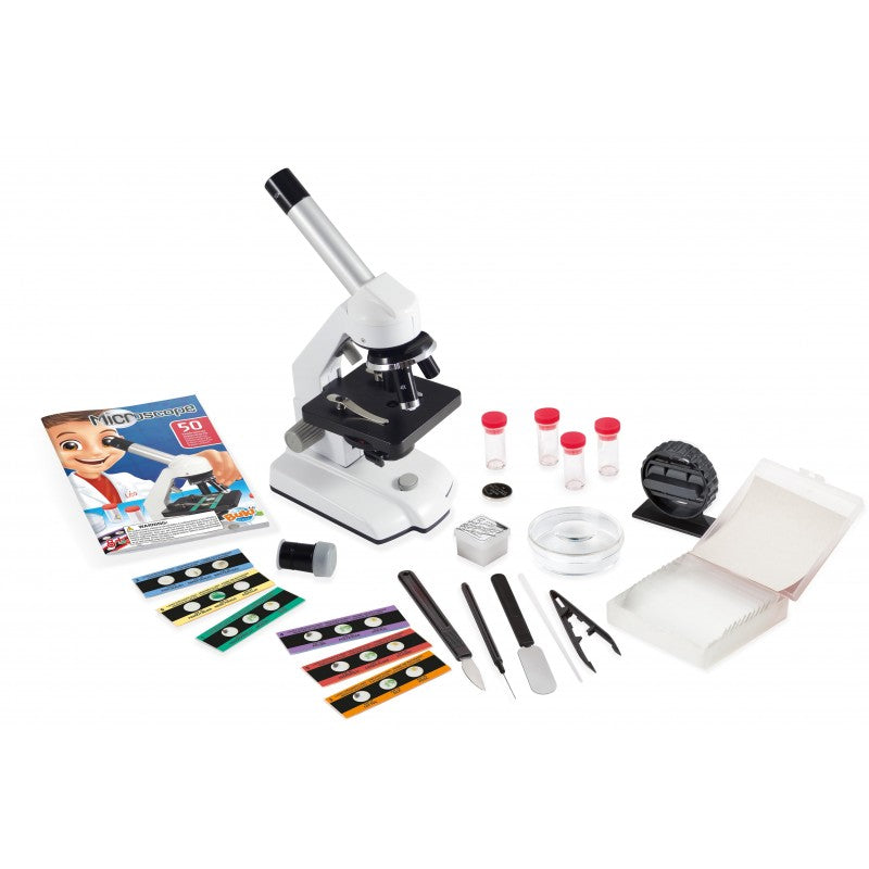 Todos os componentes e acessórios do Buki Microscópio 1000x HD dispostos sobre uma superfície branca.