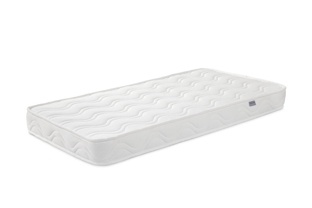 Colchão de molas Micuna branco para berço (120x60 cm) com topo acolchoado de padrão ondulado.