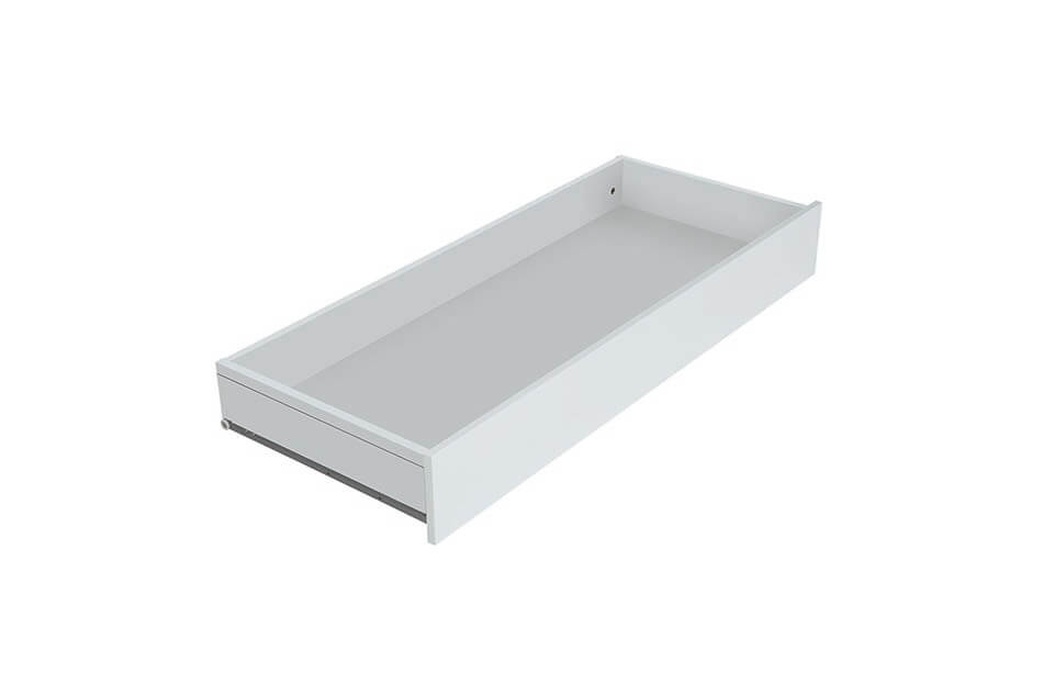 Gaveta Micuna para berço 120x60 em acabamento branco, vista em ângulo, vazia.