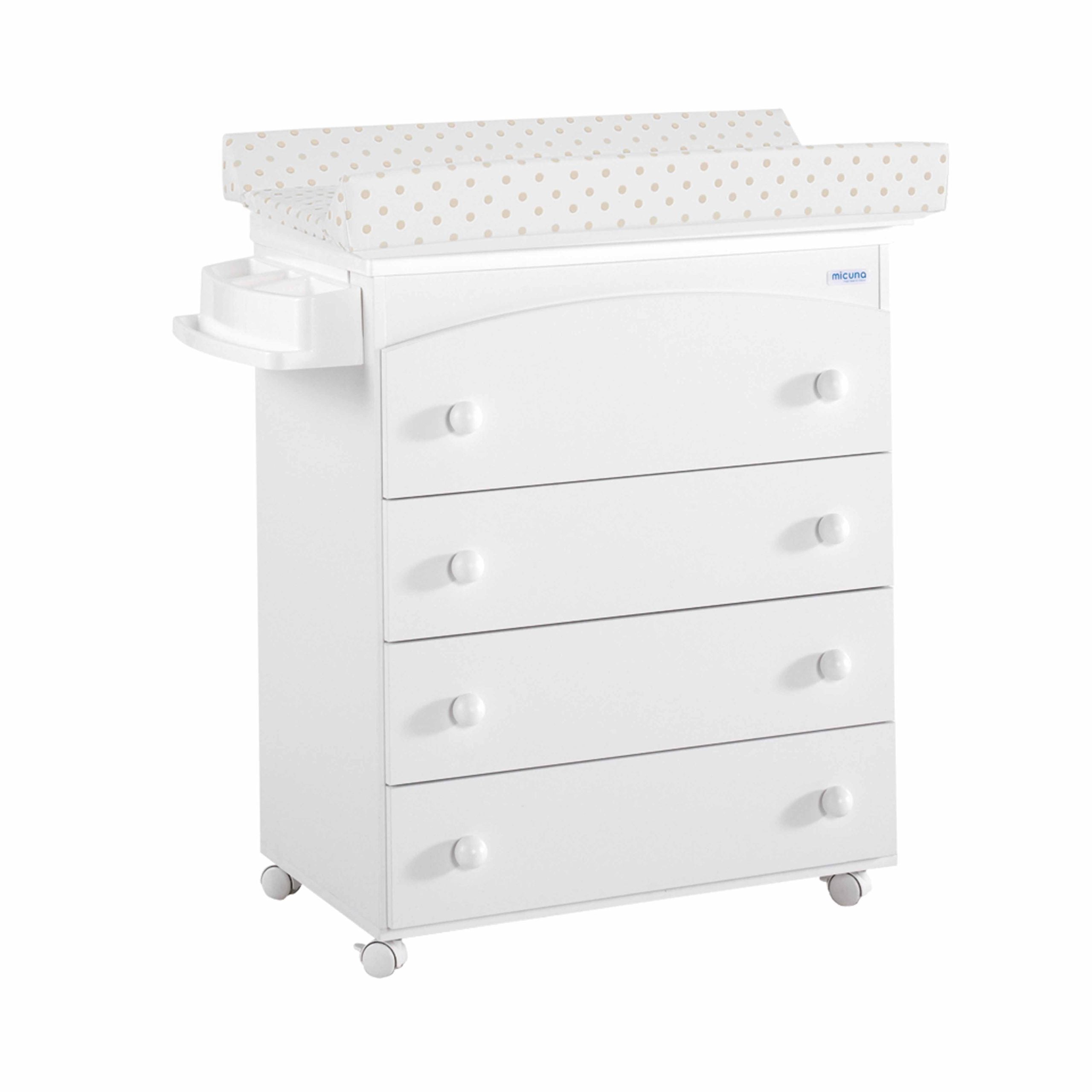 Móvel Micuna branco com banheira e muda-fraldas, padrão lunares bege, vista frontal isolada.