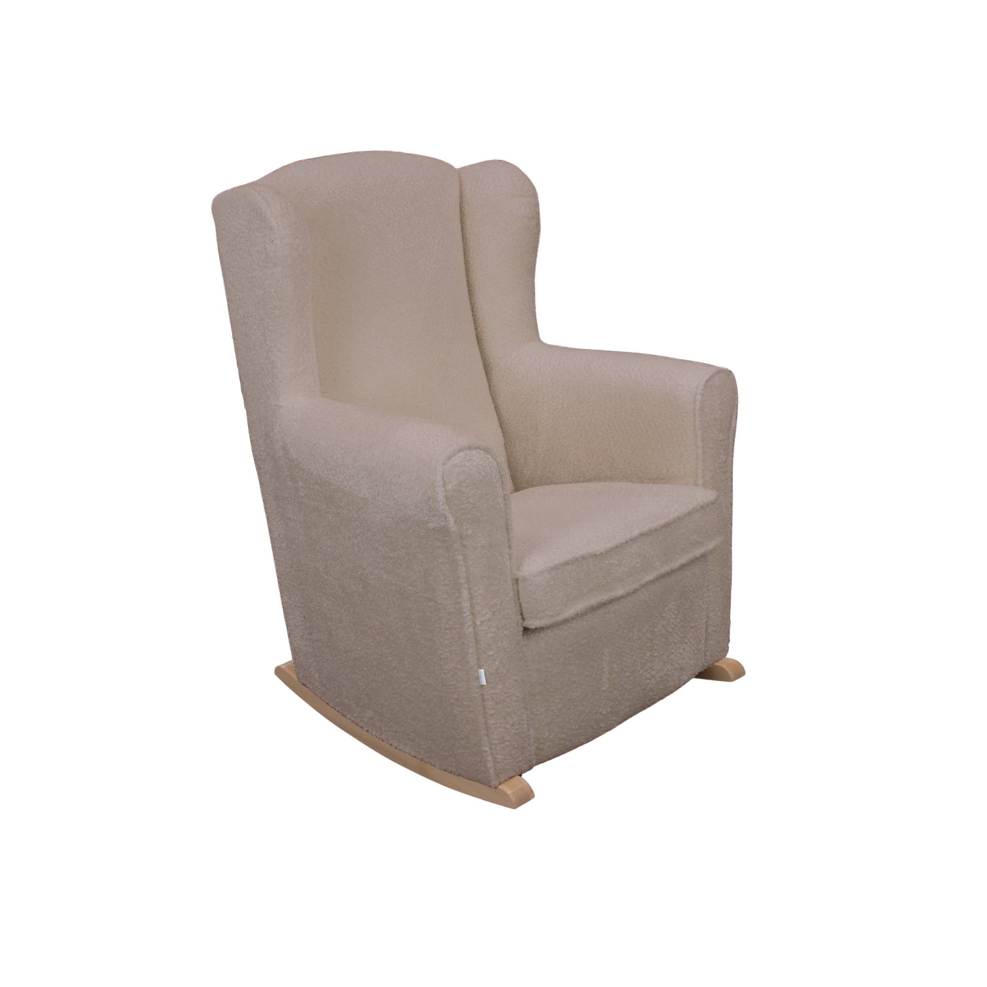 Baloiço de amamentação Micuna Nanny em tecido bege tipo borreguito, com base de madeira natural, isolado em fundo branco.