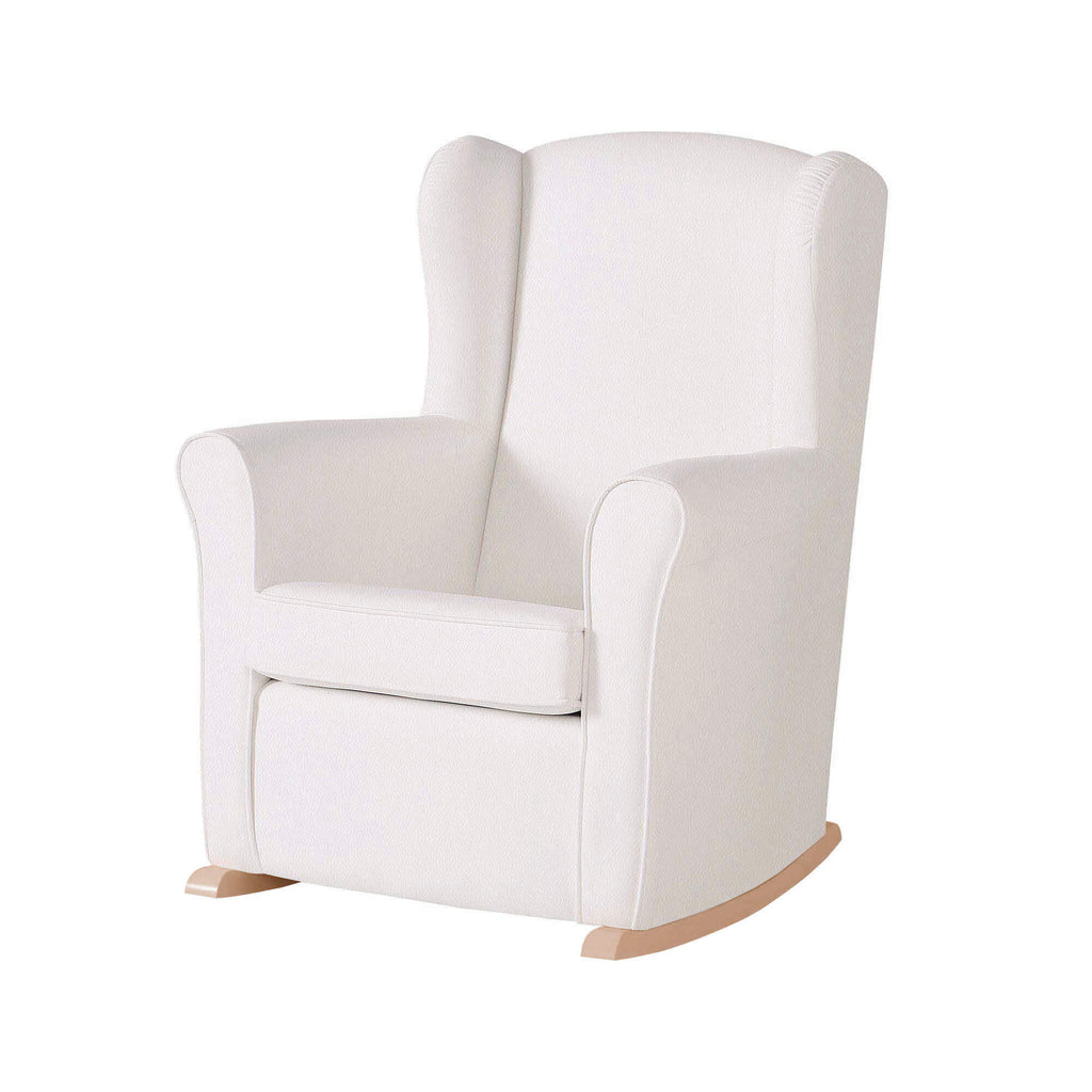 Baloiço de amamentação Micuna Nanny SLOW branco com base de balanço em madeira natural clara, visto de frente e ligeiramente de lado.