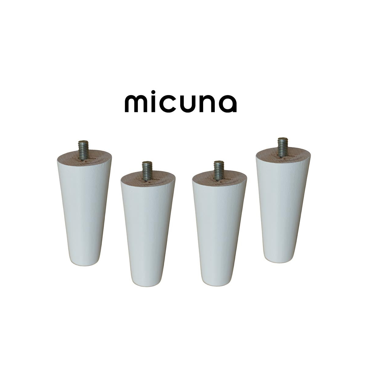 Conjunto de quatro pés de conversão brancos, cónicos, da marca Micuna, com parafuso de fixação visível no topo.