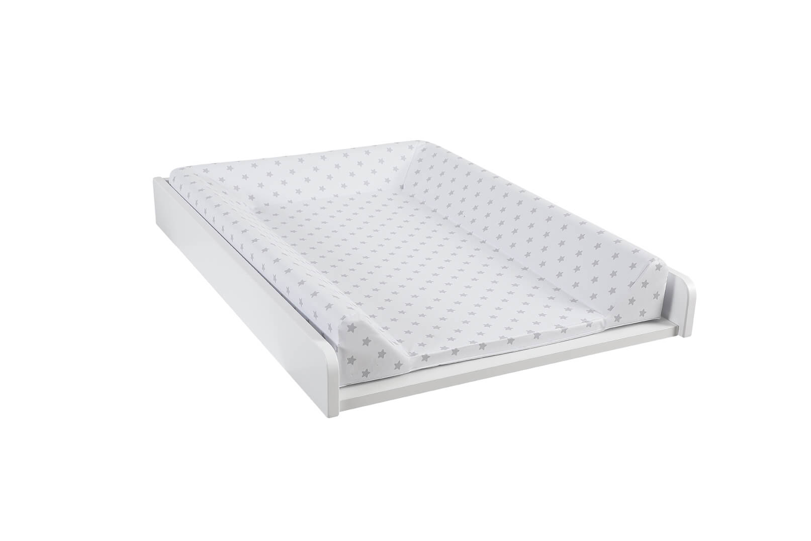 Muda-fraldas Micuna Trevi para cómoda, com estrutura branca e colchão com padrão de estrelas cinzentas.