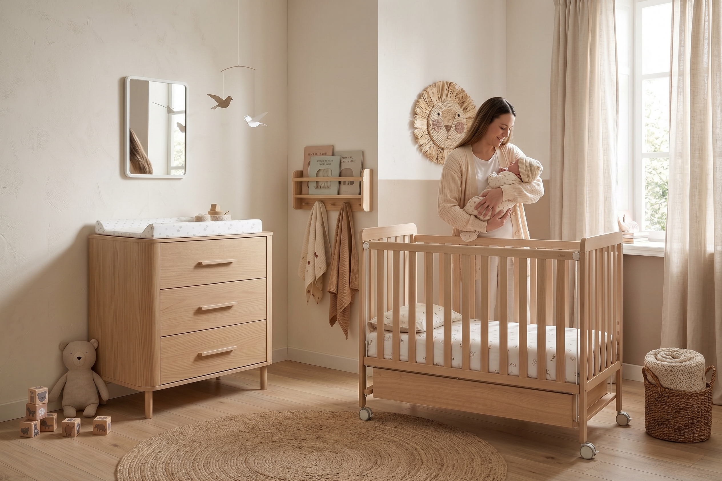 Quarto de bebe decorado em tons suaves com berco de madeira Micuna Nordika e comoda Curve a condizer