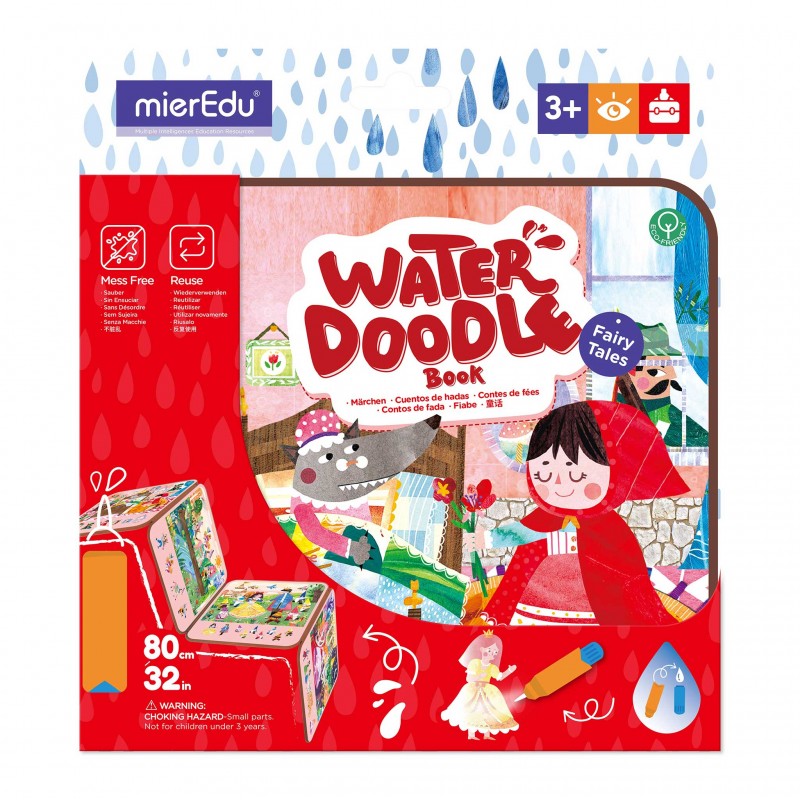 Capa do livro MierEdu Water Doodle Book Contos de Fadas com ilustrações de Capuchinho Vermelho e o Lobo Mau.