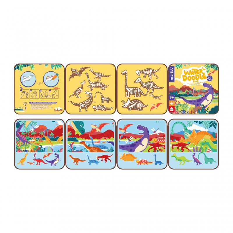 Imagem da capa do livro de pintar com água, mostrando dinossauros coloridos e informações sobre o produto.
