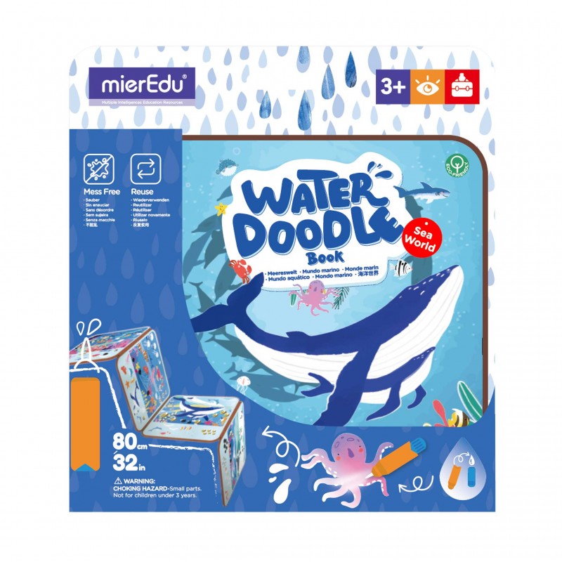 Capa do livro de pintar com água, mostrando ilustrações vibrantes de animais marinhos e o título "Water Doodle Book Sea World".