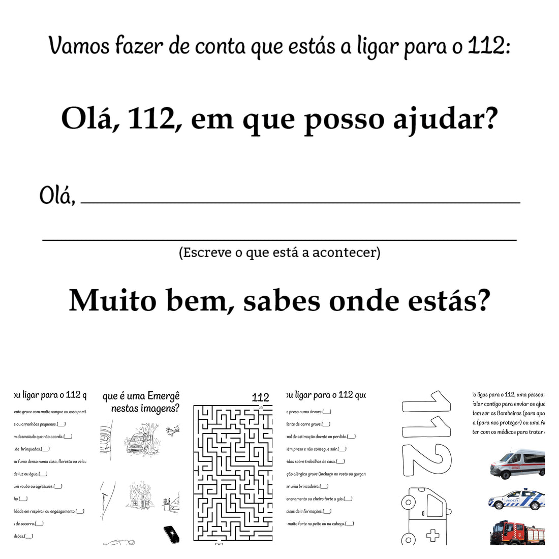 Ilustração de um menino a correr em direção a um telemóvel com o número 112 no ecrã, representando uma chamada de emergência.