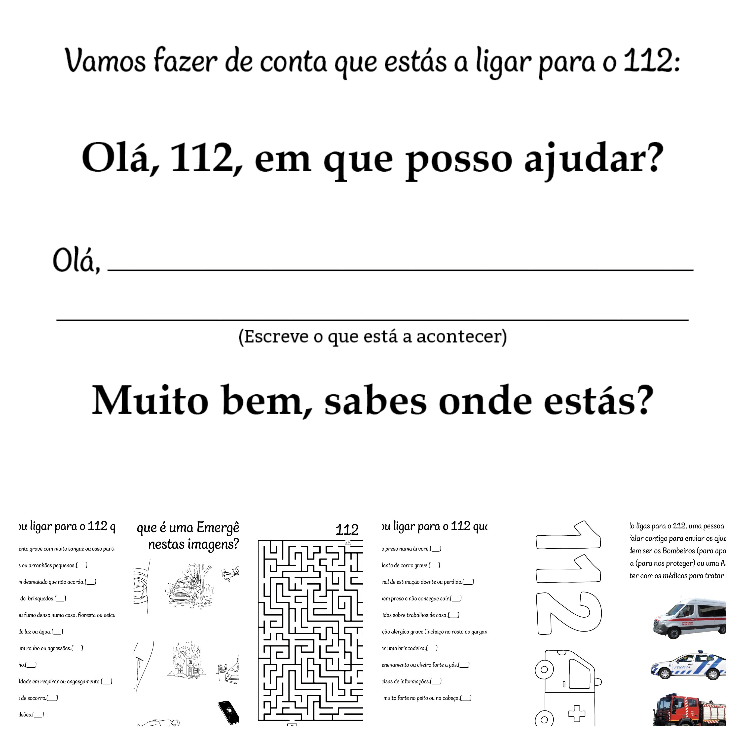 Página do mini ebook com um labirinto, um exercício de escrita e imagens relacionadas com o número de emergência 112.