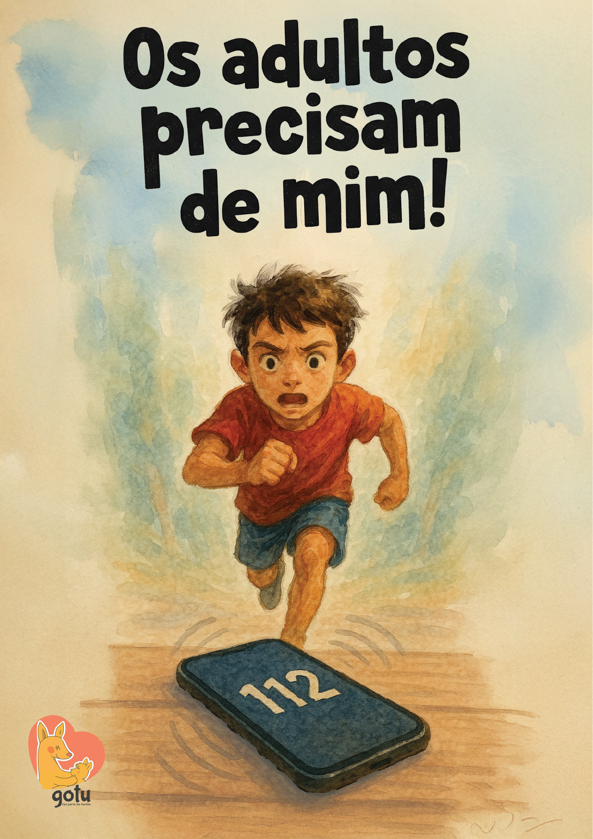 Ilustração de um menino a correr em direção a um telemóvel com o número 112 no ecrã, representando uma chamada de emergência.