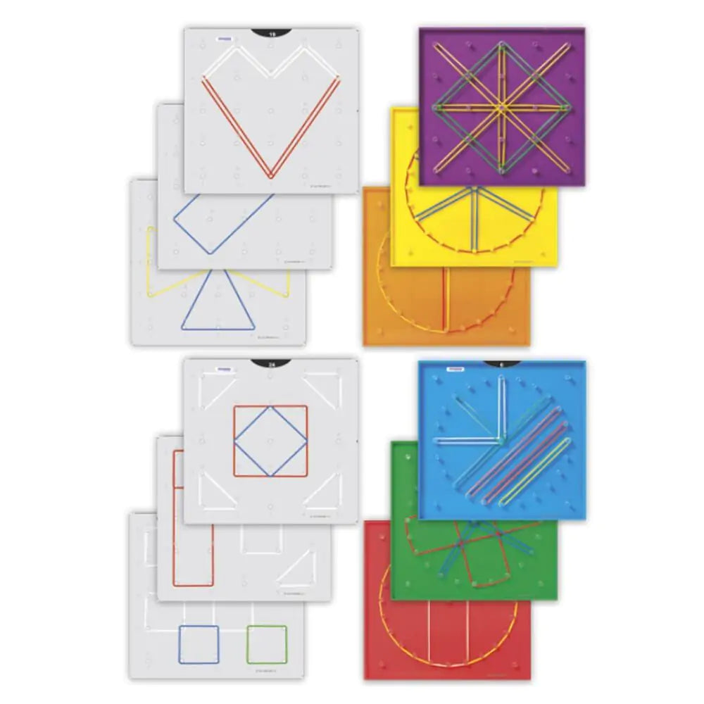 Conjunto de 6 Geoboards Miniland 15cm, mostrando a superfície com pinos circulares e quadrados, e 180 elásticos coloridos.