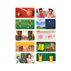 Miniland Puzzle de Opostos com várias ilustrações de conceitos contrários como dia/noite, cheio/vazio e grande/pequeno, ideal para o desenvolvimento infantil.