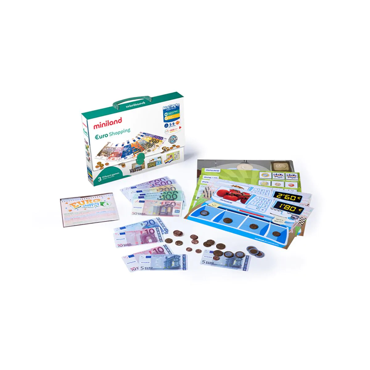 Conjunto educativo Miniland Euro Shopping com moedas e notas de brincar