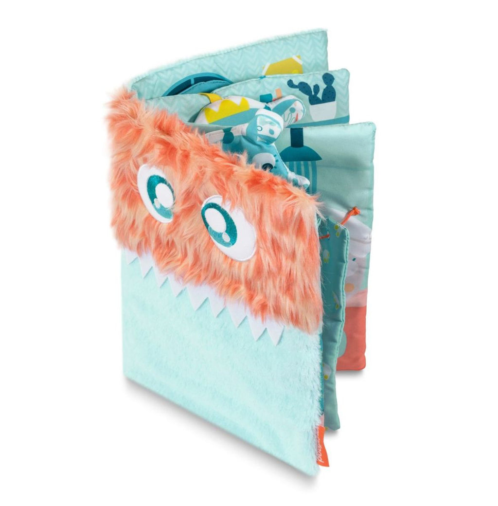 Miniland Livro sensorial Monstro aberto e visto de lado, mostrando a espessura e as várias páginas interativas com texturas e ilustrações coloridas.