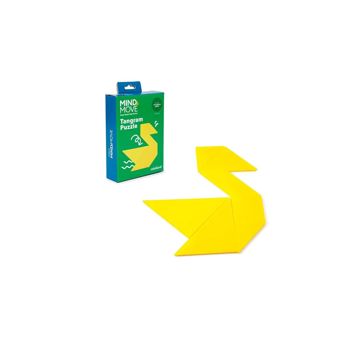 Conjunto de duas peças Tangram da marca Miniland com cores variadas sobre fundo neutro.