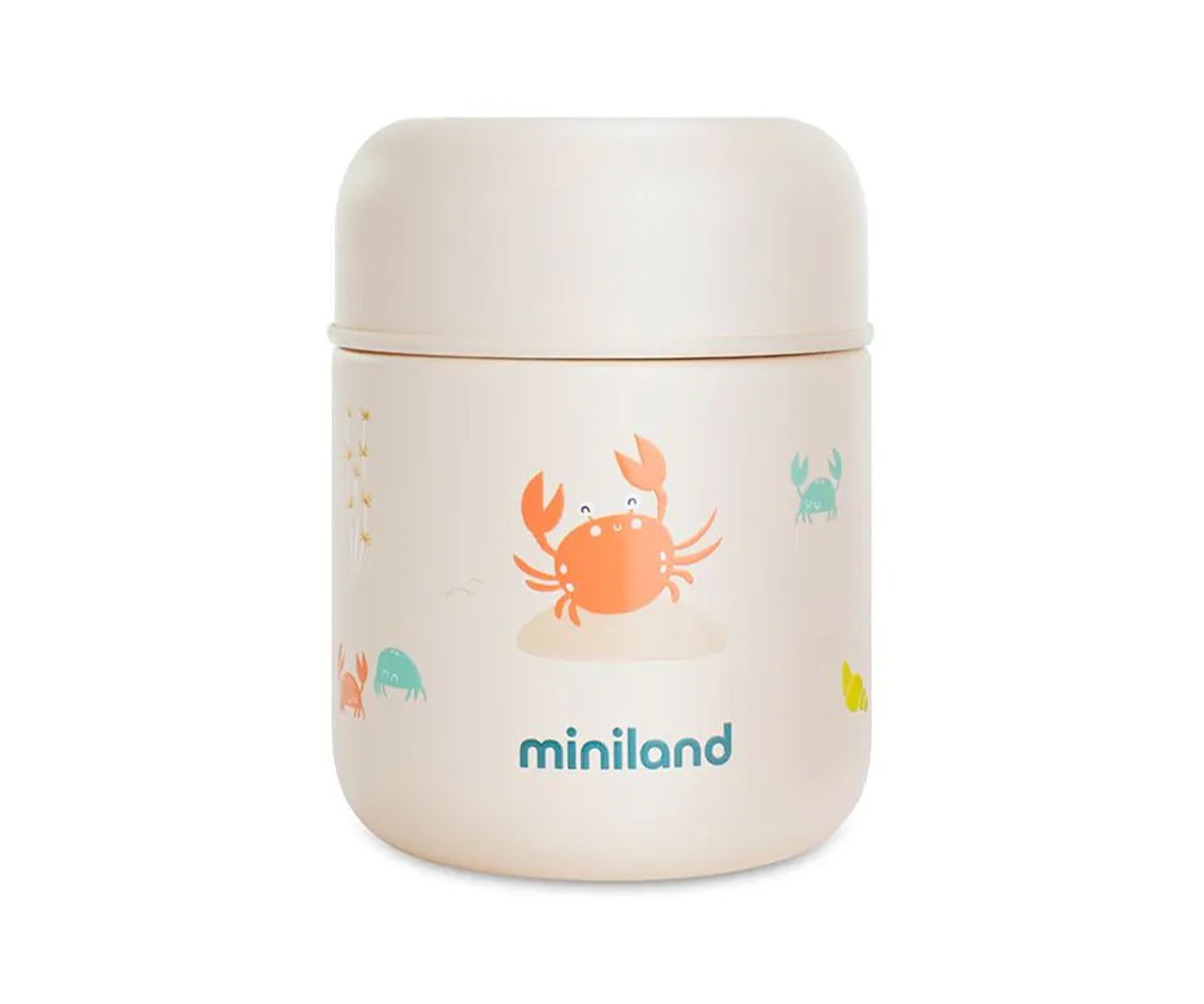 Termo para sólidos Miniland Crabsy 280 ml com design de caranguejo laranja, fundo bege claro.