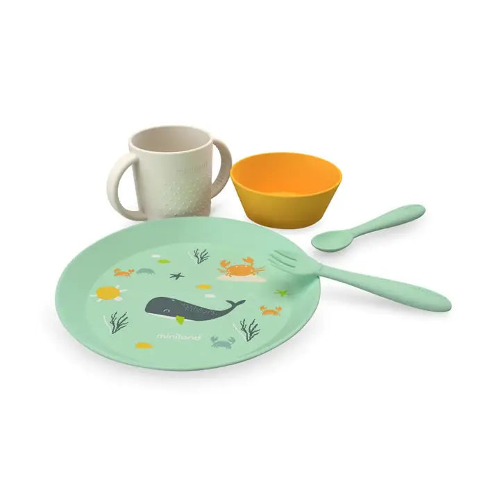 Miniland Conjunto de Alimentação 5 peças Ocean completo, com prato temático de baleia, taça amarela, copo bege, colher e garfo verdes.