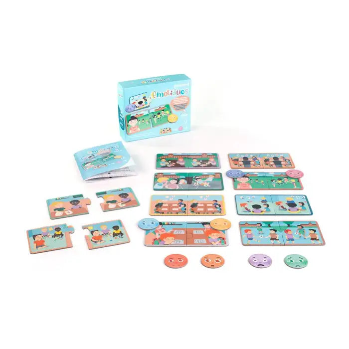 Miniland Jogo de Emotiduos completo com caixa, manual, 10 puzzles, e 8 fichas de emoções espalhados sobre um fundo branco.