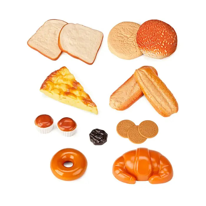 Conjunto Miniland Padaria com 15 peças de comida de brincar realista, incluindo pão, pizza, donut, croissant e bolachas, ideal para brincadeira de faz de conta.