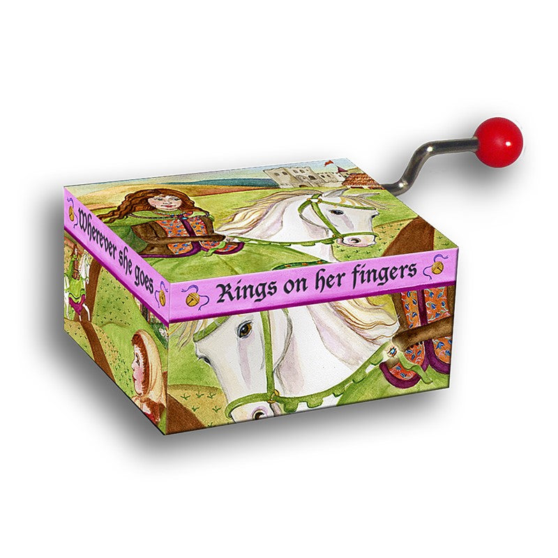 Caixa de música Minimusics Lendas com quatro designs diferentes, mostrando ilustrações de contos de fadas clássicos. Um presente encantador para crianças e adultos.