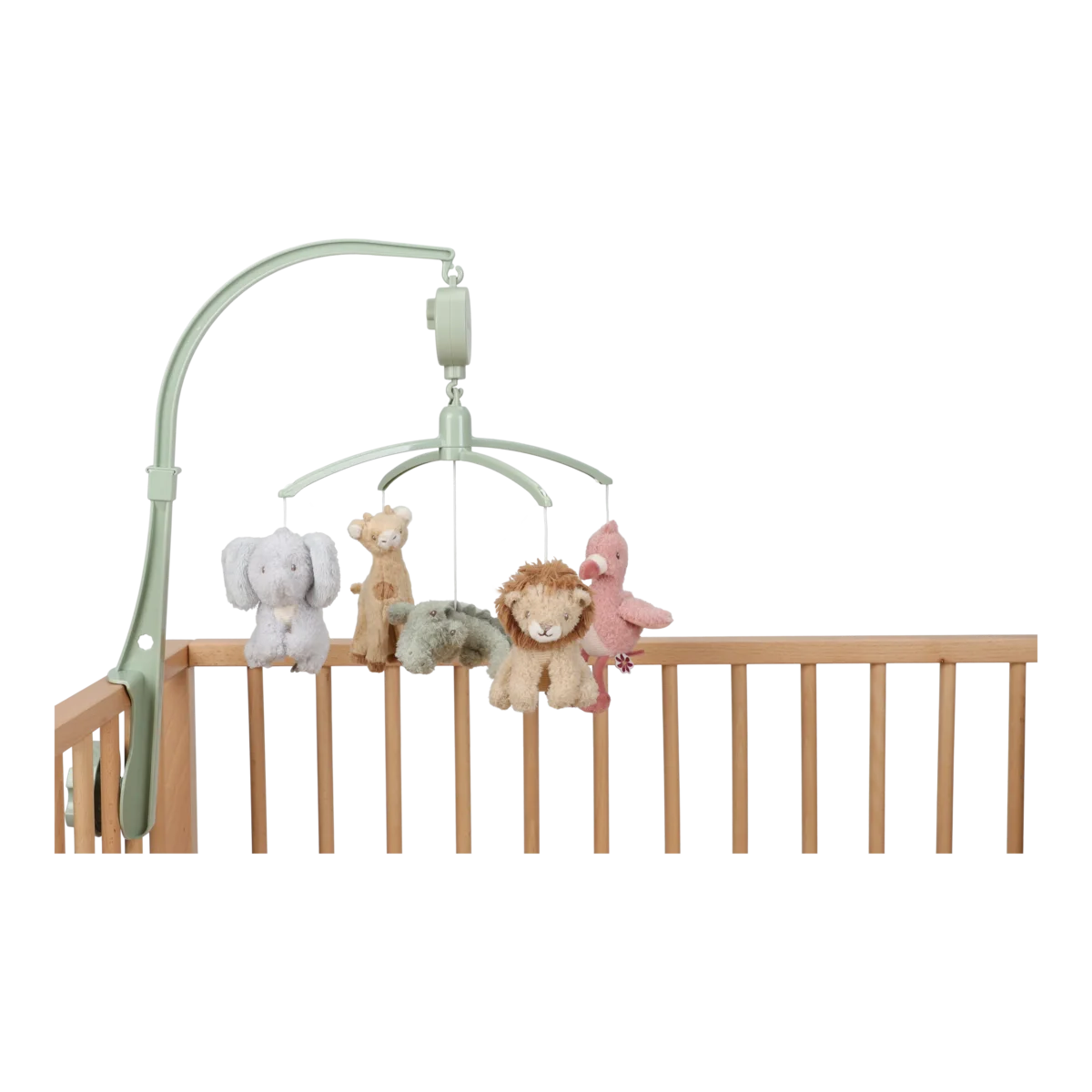 Mobile musical Little Dutch Safari Friends com animais de peluche em tons verdes.