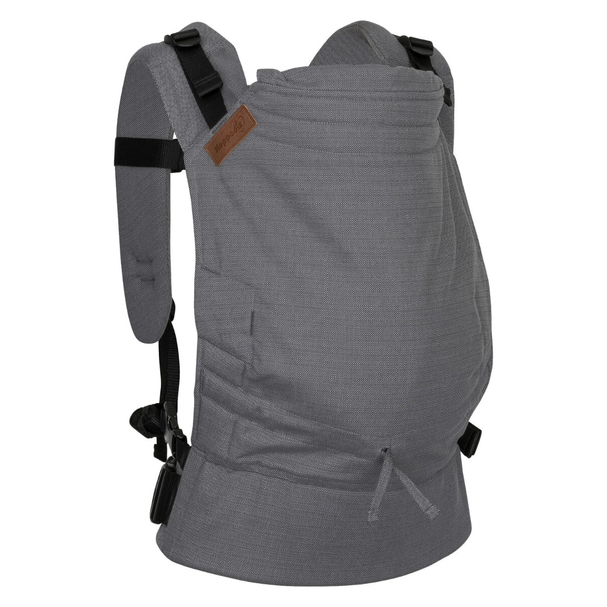 Mochila ergonómica Hoppediz BabySize Buckle em cinzento com fivelas e logótipo em pele.