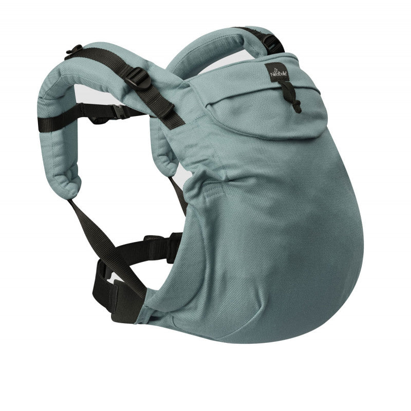Mochila porta-bebés Neobulle BabySize ajustável na cor verde eucalipto, vista frontal ergonómica.