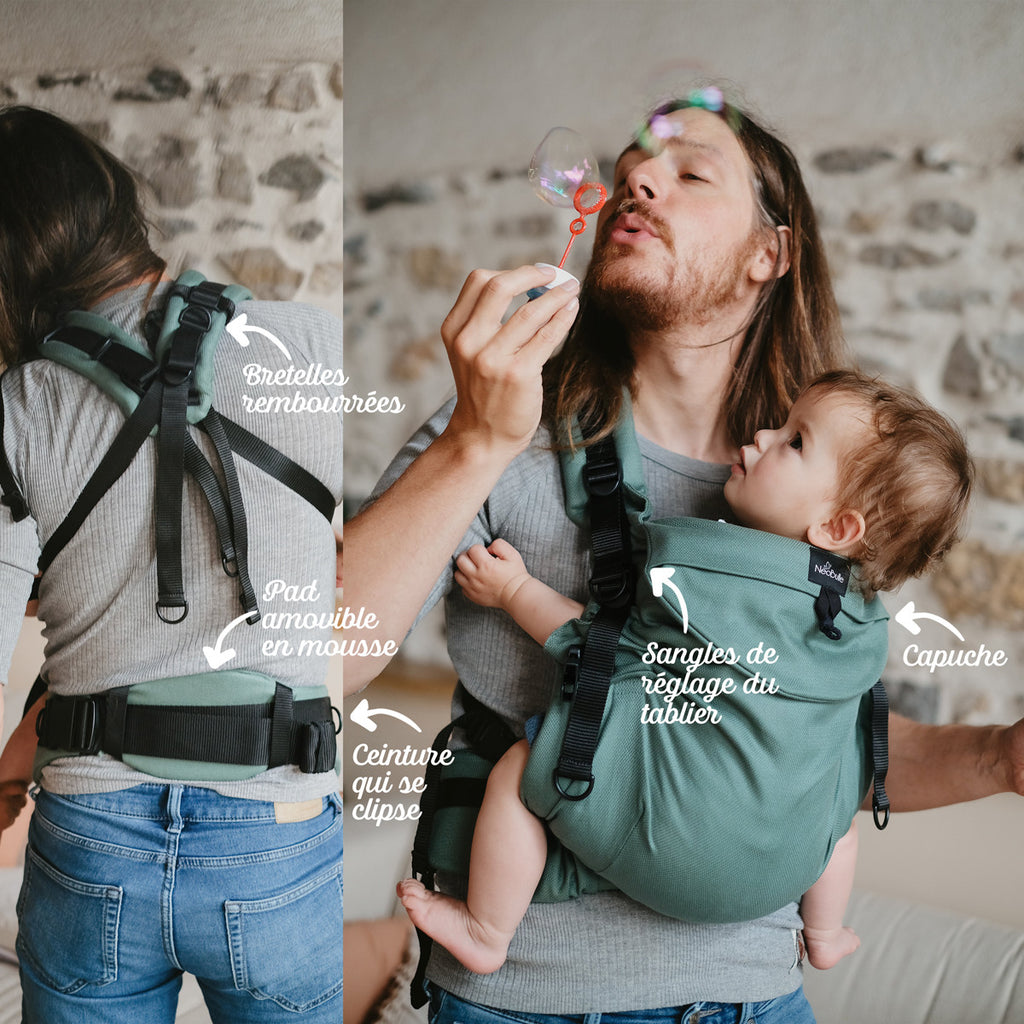 Composição de duas imagens mostrando as características da mochila Neobulle: ajuste das alças, cinto e pad removível, com o pai a usar a mochila e a soprar bolhas.