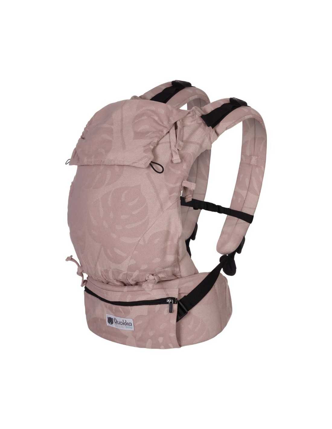 Mochila Quokkababy E-Carrier Delicious Pink em destaque, mostrando o design ergonómico com tecido de algodão orgânico rosa e detalhes acolchoados para máximo conforto do bebé.