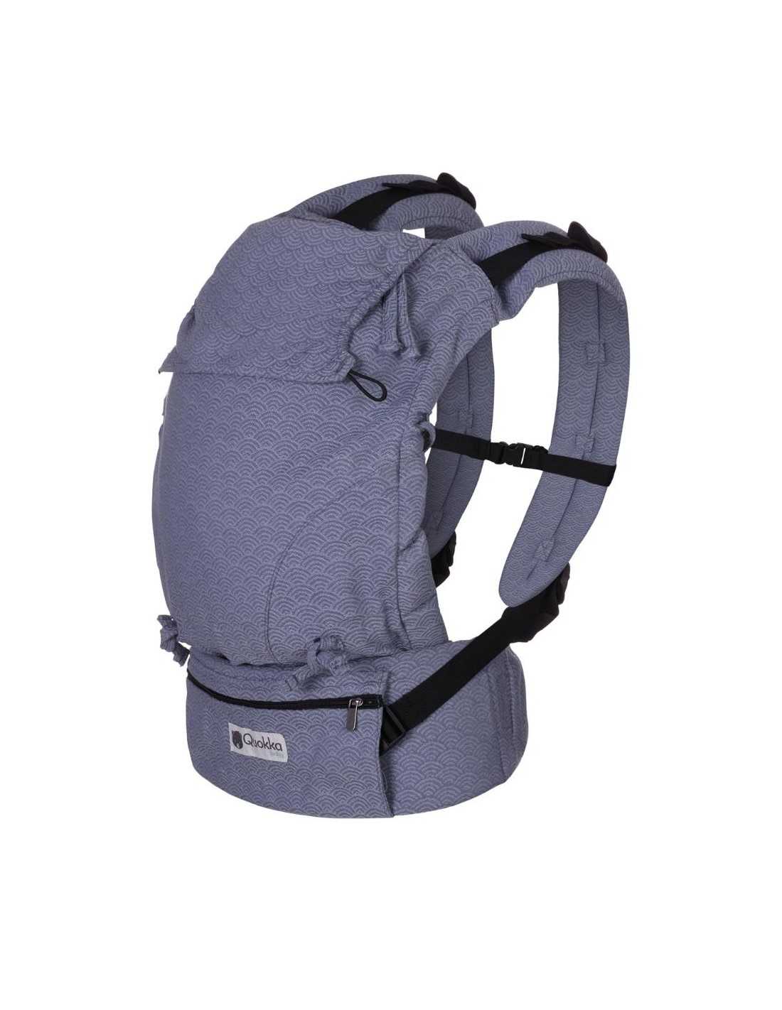 Mochila Quokkababy Ajustável E-Carrier Blue Vibes vista de frente, destacando o design ergonômico e o tecido em algodão orgânico.