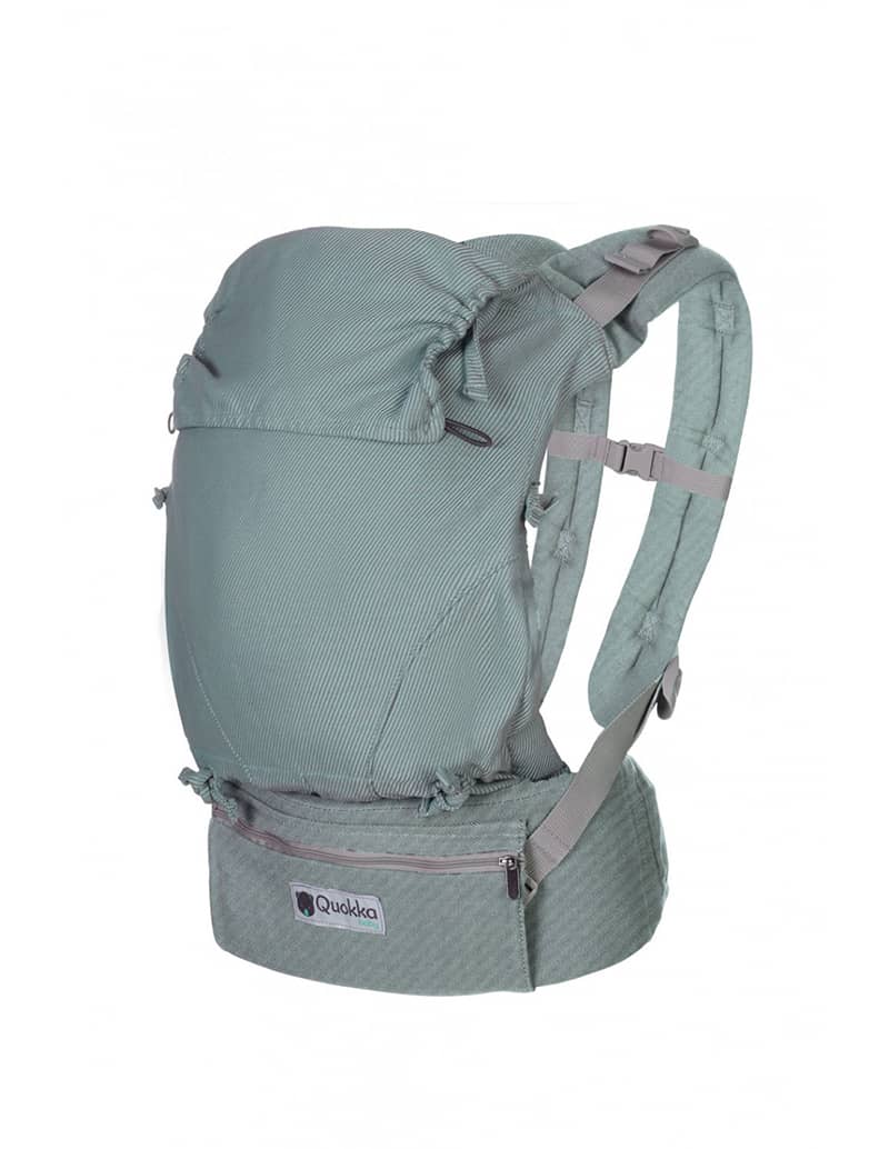 Mochila Quokkababy E-Carrier Mint em tecido verde menta, com alças acolchoadas e ajustáveis, cinto com bolso de fecho, e capuz ajustável.