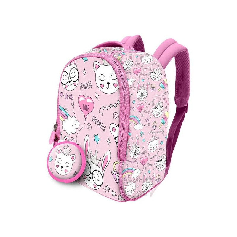 Mochila pré-escolar em neoprene rosa com padrão de gatos e mini bolsa incluída