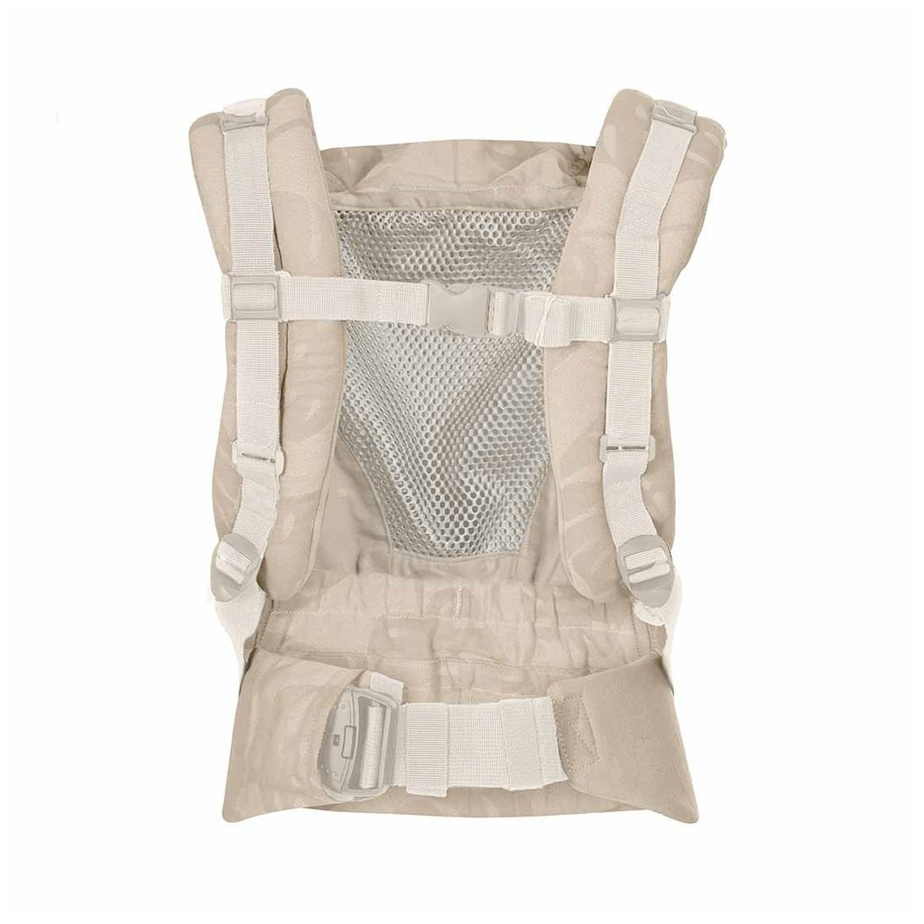 Vista traseira da mochila ergonómica Quokkababy E-Carrier, mostrando as alças acolchoadas ajustáveis e o cinto de suporte lombar com fecho.