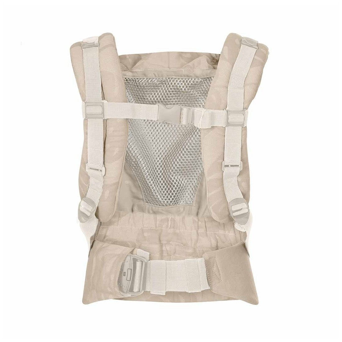 Vista traseira da mochila ergonómica Quokkababy E-Carrier, mostrando as alças acolchoadas ajustáveis e o cinto de suporte lombar com fecho.