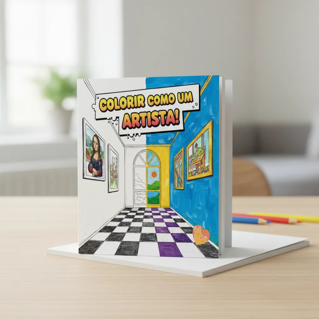 Livro "Colorir como um artista!" aberto em cima de uma mesa, exibindo uma ilustração de um corredor de museu com quadros famosos para colorir, com lápis de cor ao lado.
