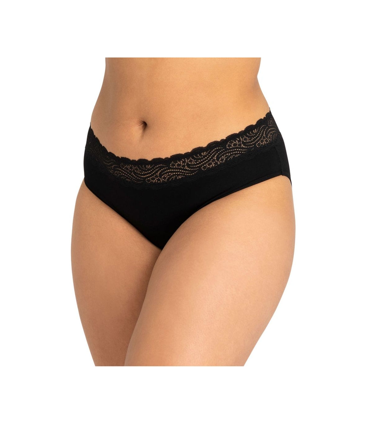 Modibodi cueca menstrual de cintura alta preta vista de frente, mostrando o detalhe da renda na cintura.
