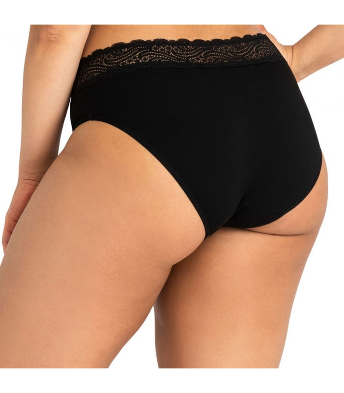 Vista traseira da cueca menstrual Modibodi preta de cintura alta, destacando o ajuste e cobertura.