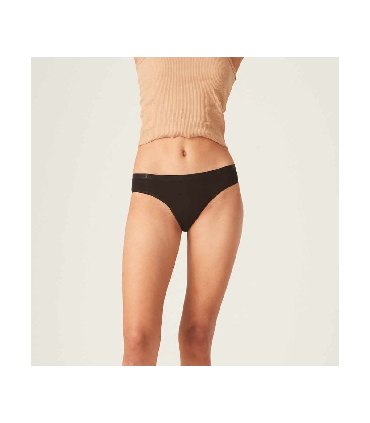 Modibodi Cueca Menstrual Clássica preta, vista frontal, mostrando o design confortável e discreto. Ideal para fluxo moderado a abundante.