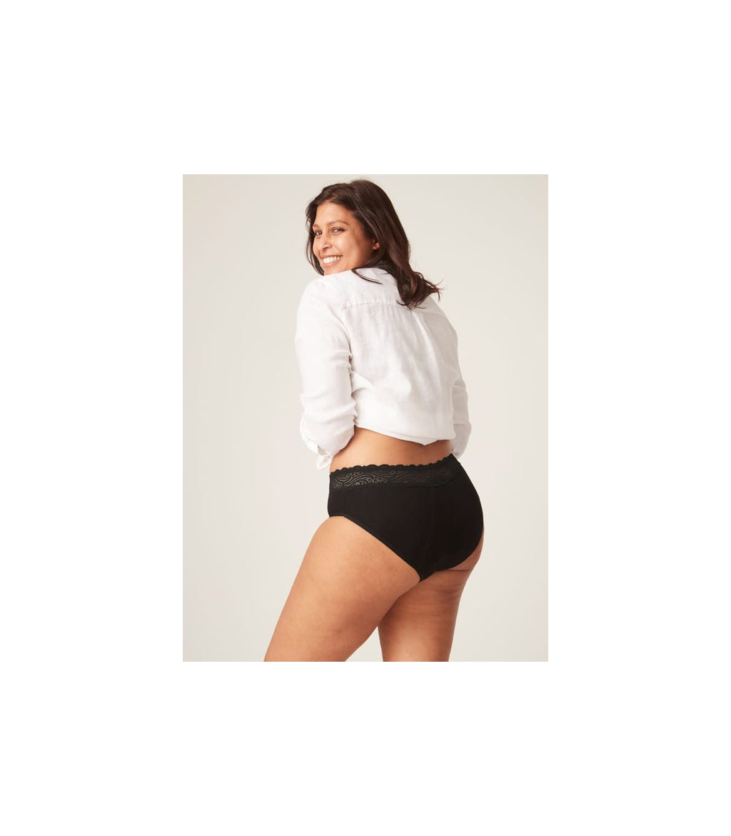 Modibodi cueca menstrual preta de cintura alta vista por trás, mostrando o detalhe da renda na cintura e o ajuste confortável.