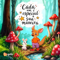 Ilustração encantadora do canguru Moki e um coelho numa floresta mágica, com cogumelos vermelhos e a frase "Cada um é especial à sua maneira".