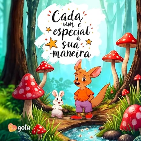 Ilustração encantadora do canguru Moki e um coelho numa floresta mágica, com cogumelos vermelhos e a frase "Cada um é especial à sua maneira".