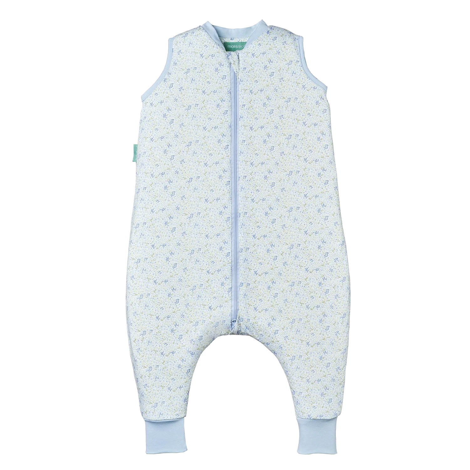 Saco de dormir com pés MolisandCo TOG 1.0, padrão floral "Blue Lily", aberto com fecho central visível.