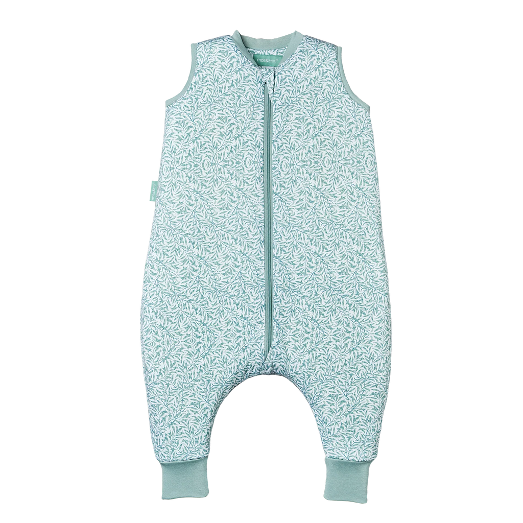 Saco de dormir MolisandCo INES II TOG 1.0 com padrão de folhas verde-água, visto de frente, com fecho éclair central.