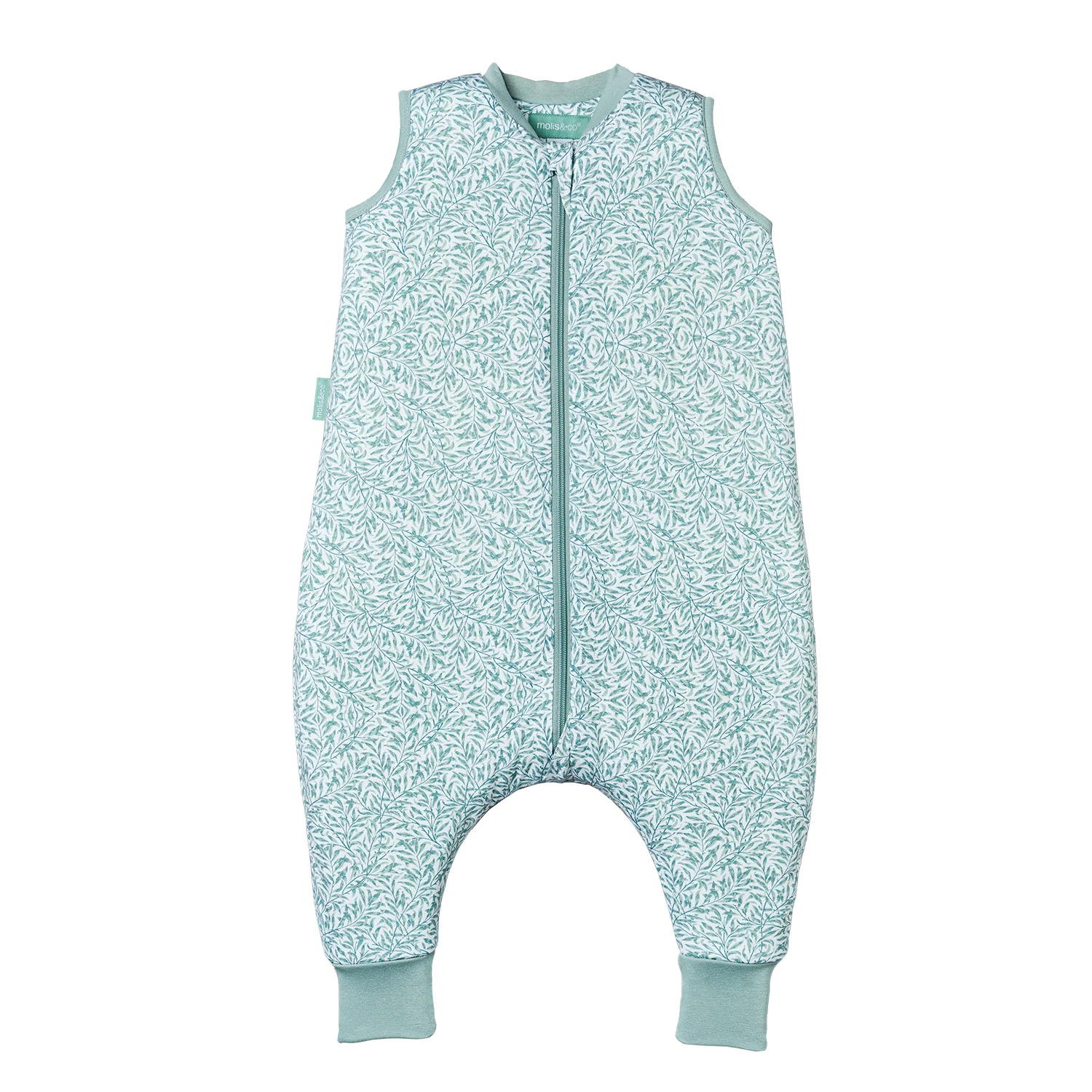 Saco de dormir MolisandCo INES II TOG 1.0 com padrão de folhas verde-água, visto de frente, com fecho éclair central.