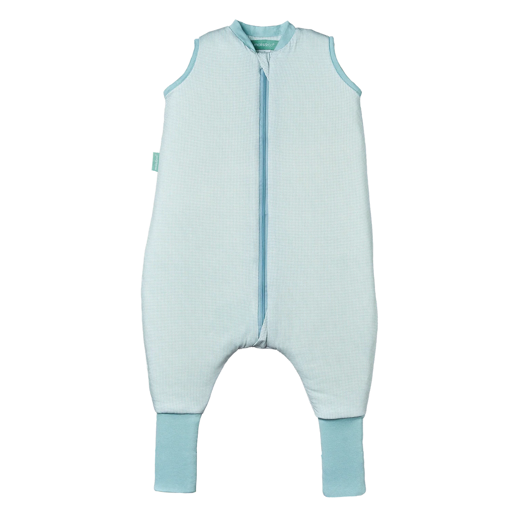 Saco de dormir MolisandCo TOG 1.0 com pés, sem mangas, em padrão xadrez azul claro e branco, com fecho frontal.