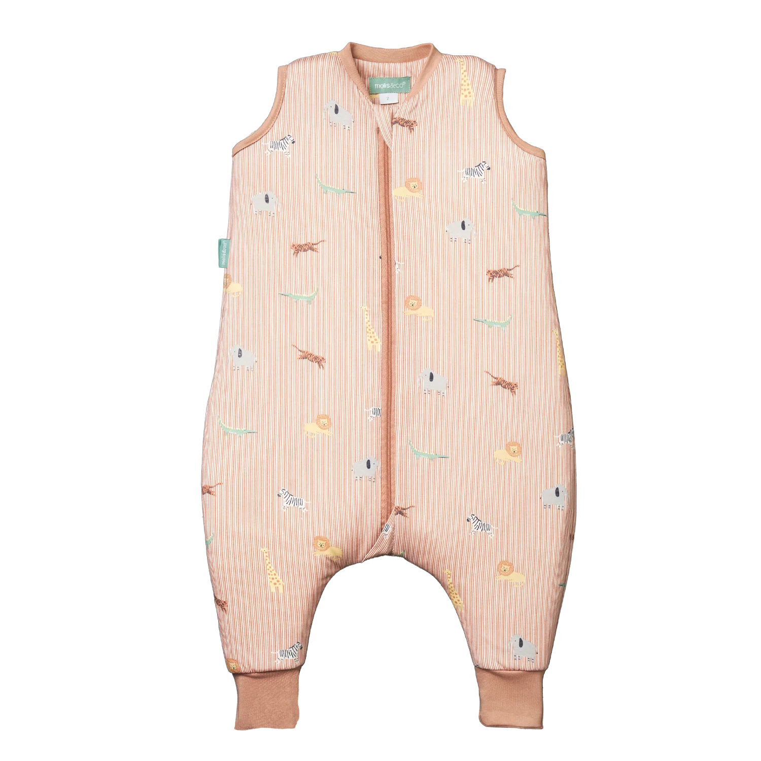 Saco de dormir MolisandCo TOG 1.0 Jungle com mangas e meias, padrão de animais e riscas, em fundo branco.