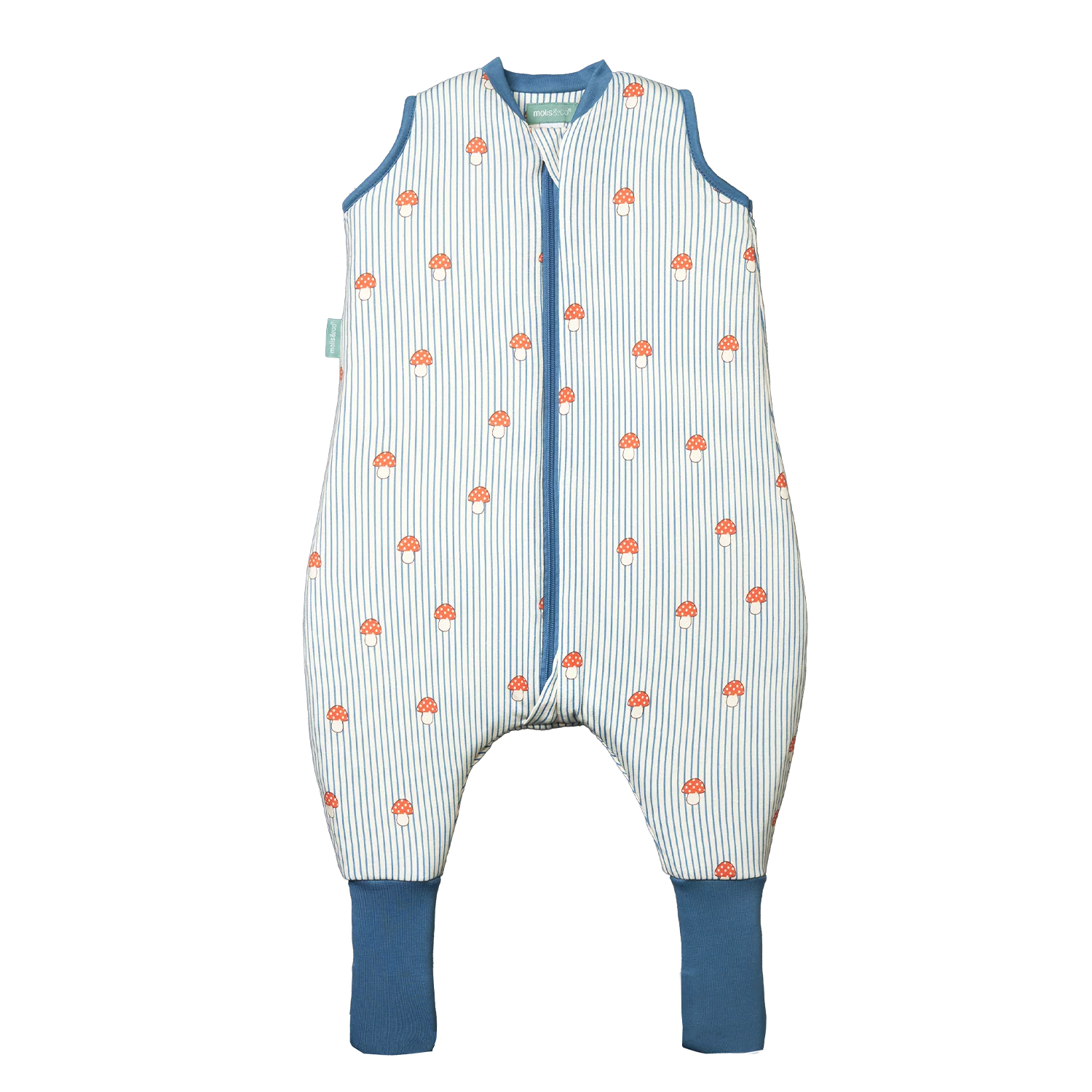 Saco de dormir MolisandCo TOG 1.0 sem mangas, padrão cogumelos e riscas azuis, com fecho duplo e meias integradas.