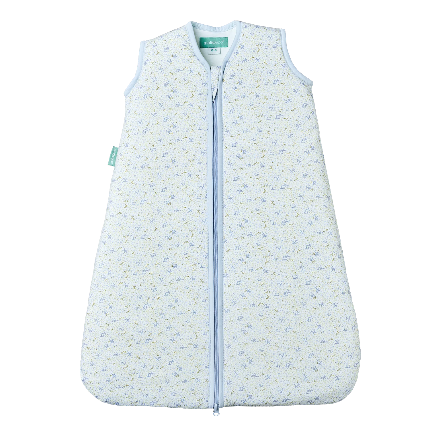 Saco de dormir MolisandCo TOG 1.0 Blue Lily sem pés, padrão floral azul e verde, fecho central.
